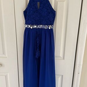 Charming Royal Blue Kids Dress with Lace Bodice, inner shorts, open front dress.